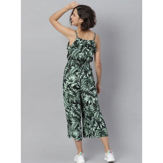 Generic Women's Polyester Printed Shoulder Straps Jumpsuit (Black - Green)