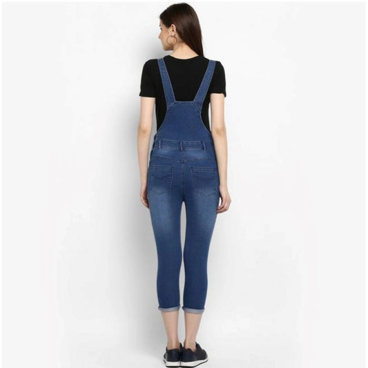 Generic Women's Denim Solid Dungaree Pant (Blue)