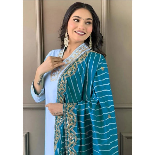 Generic Women's Roman Silk Embroidery 3-4th Sleeve V-Neck Kurti With Pant Dupatta Set (Rama)