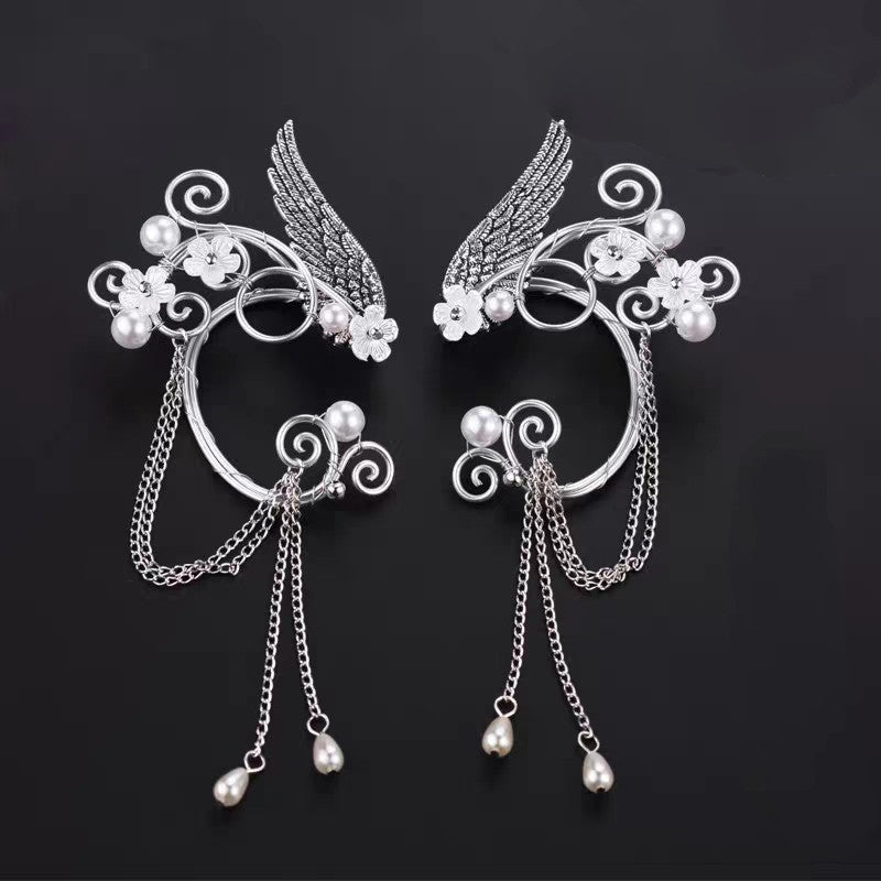 Qingqiu Fox Antique Ear Clips Long Tassel Elf Earrings