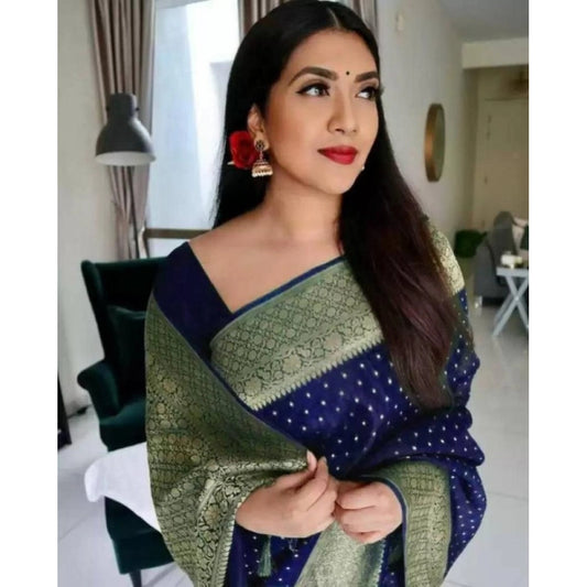 Generic Women's Litchi silk Printed Saree With Unstitched Blouse (Blue)