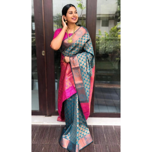 Generic Women's Litchi silk Printed Saree With Unstitched Blouse (Blue)