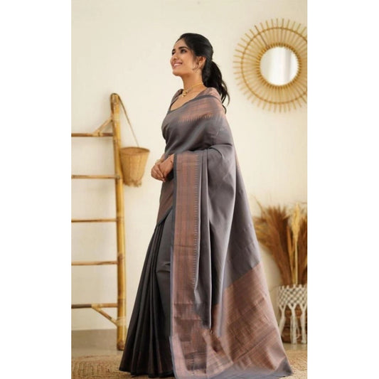 Generic Women's Litchi silk Printed Saree With Unstitched Blouse (Grey)