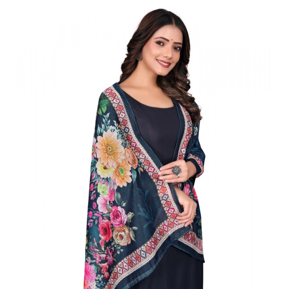 Generic Women's chanderi silk Printed Dupatta (Navy Blue, Length: 2 Mtr)