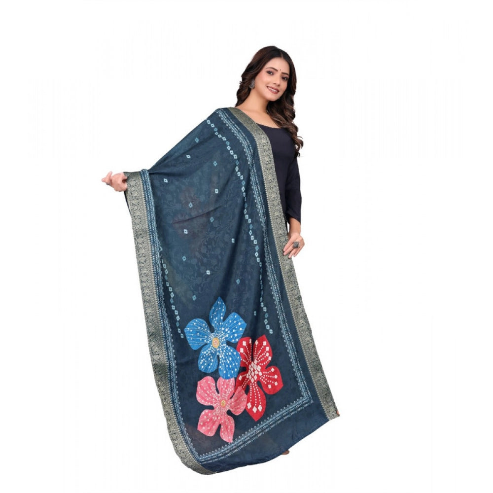 Generic Women's chanderi silk Printed Dupatta (Navy Blue, Length: 2 Mtr)