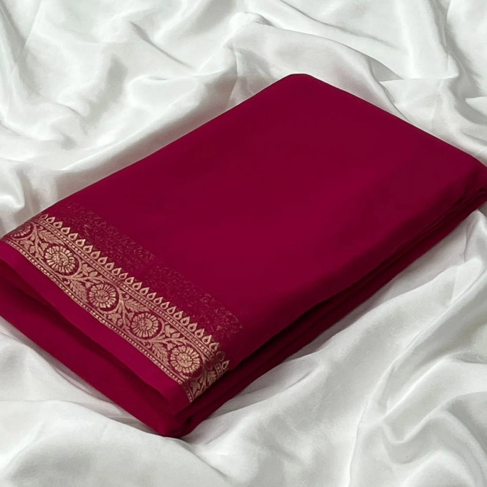 Generic Women's Crepe Chit Pallu Solid Saree With Unstitched Blouse 5.5Mtr (Pink)