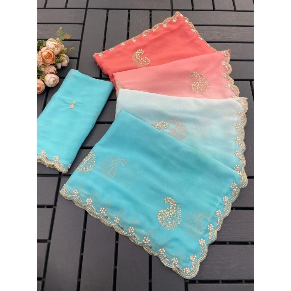 Generic Women's Digital Printed Geogette Saree With Unstitched Blouse (Blue, 5-6 Mtrs)