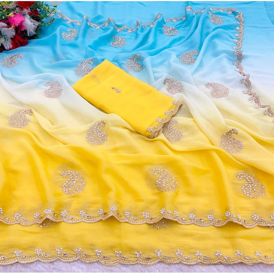 Generic Women's Digital Printed Geogette Saree With Unstitched Blouse (Yellow, 5-6 Mtrs)