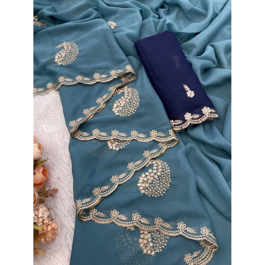 Generic Women's Digital Printed Georgette Saree With Unstitched Blouse (Sky, 5-6 Mtrs)