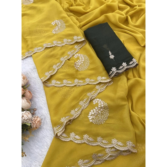 Generic Women's Digital Printed Georgette Saree With Unstitched Blouse (Yellow, 5-6 Mtrs)