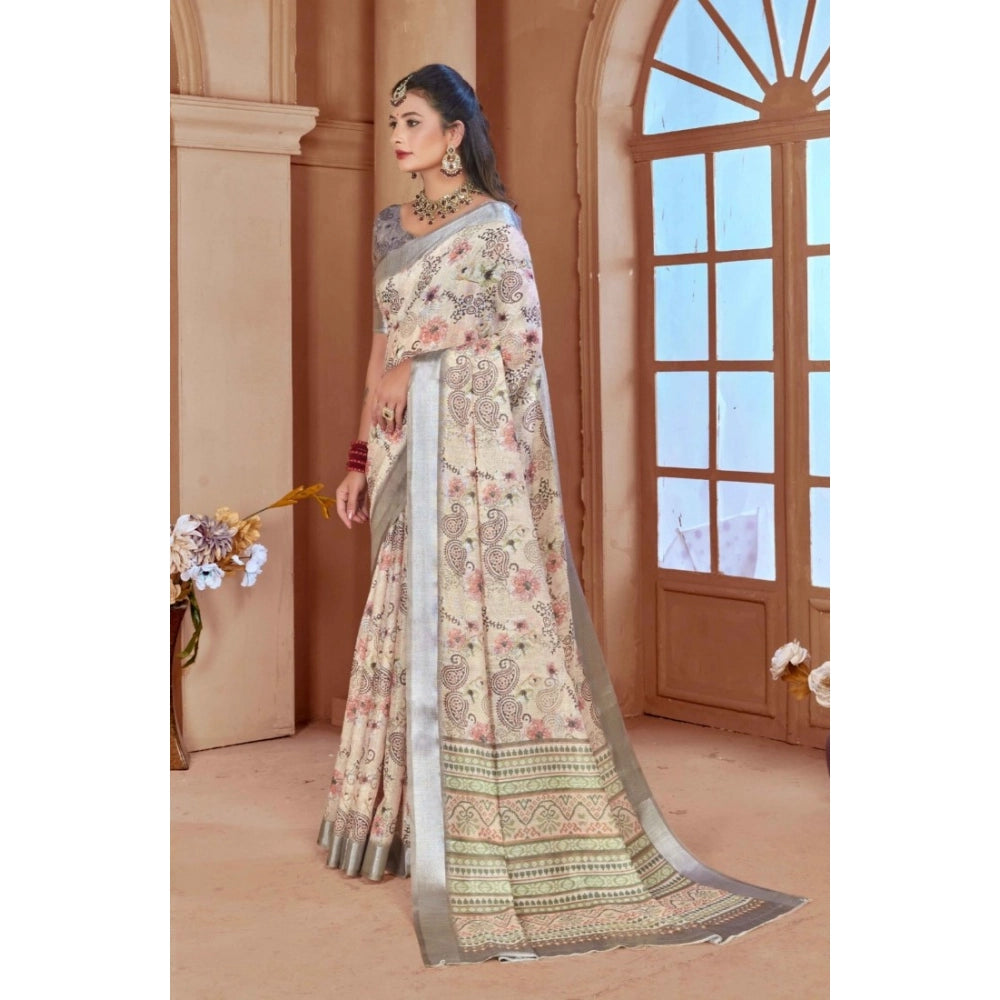 Generic Women's Printed Cotton Linen Saree withPrinted Saree With Unstitched Blouse (Beige, 5-6Mtrs)