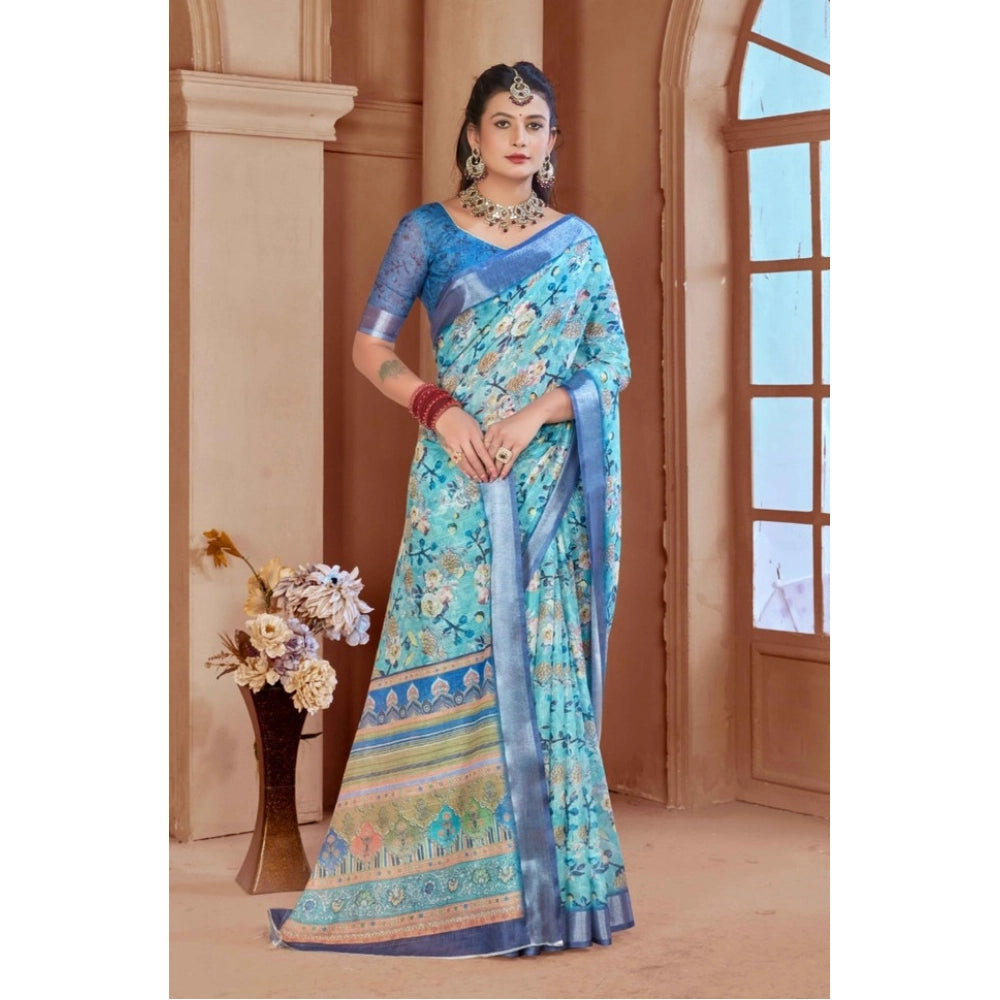 Generic Women's Printed Cotton Linen Saree withPrinted Saree With Unstitched Blouse (Light Blue, 5-6Mtrs)
