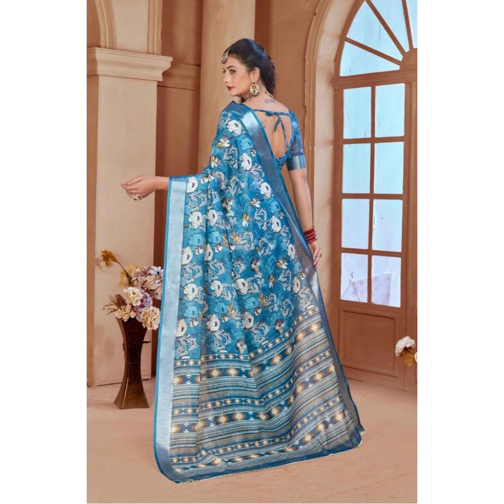 Generic Women's Printed Cotton Linen Saree withPrinted Saree With Unstitched Blouse (Blue, 5-6Mtrs)