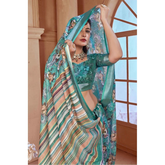 Generic Women's Printed Cotton Linen Saree withPrinted Saree With Unstitched Blouse (Mint Green, 5-6Mtrs)