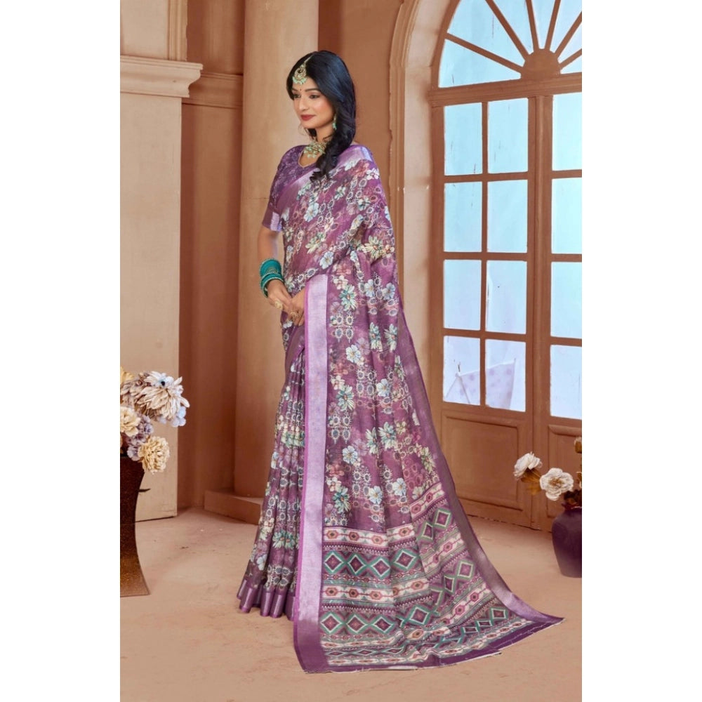 Generic Women's Printed Cotton Linen Saree withPrinted Saree With Unstitched Blouse (Purple, 5-6Mtrs)