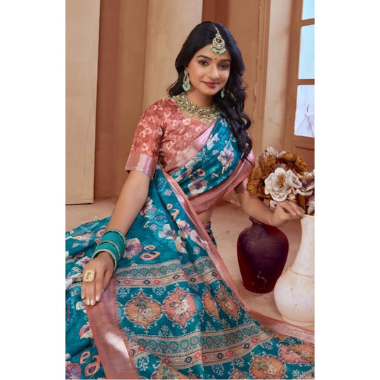 Generic Women's Printed Cotton Linen Saree withPrinted Saree With Unstitched Blouse (Peacook Green, 5-6Mtrs)
