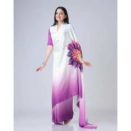 Generic Women's Soft Crepe Silk Printed Ready To Wear Saree With Unstitched Blouse 5.5Mtr (Purple)