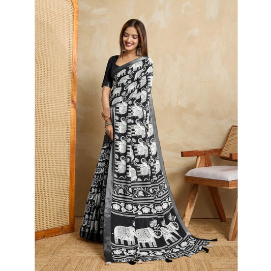 Generic Women's Silk Blend Printed Saree With Unstitched Blouse 5.5Mtr (Black)