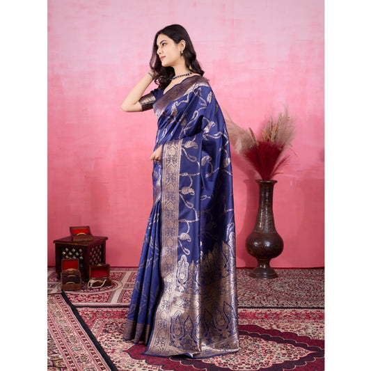 Generic Women's Banarasi Silk Printed Saree With Unstitched Blouse 5.5Mtr (Blue)