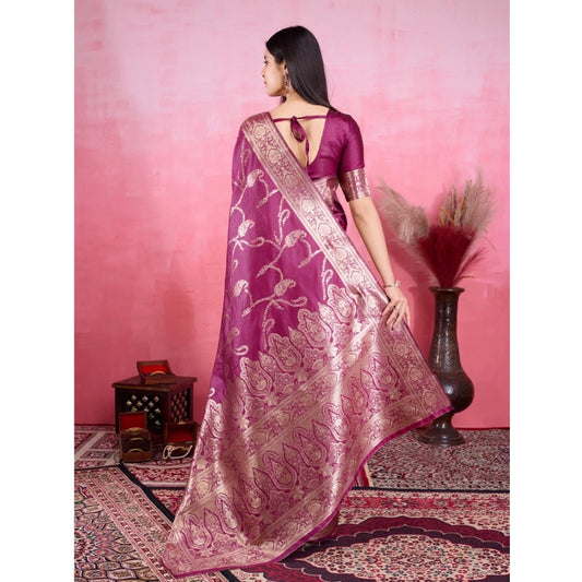 Generic Women's Banarasi Silk Printed Saree With Unstitched Blouse 5.5Mtr (Wine)