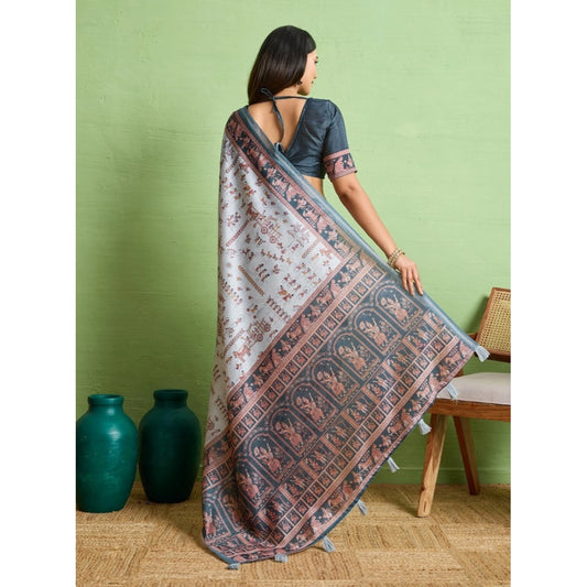 Generic Women's Silk Blend Printed Saree With Unstitched Blouse 5.5Mtr (Grey)