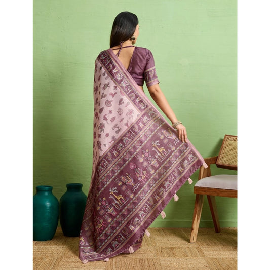 Generic Women's Silk Blend Printed Saree With Unstitched Blouse 5.5Mtr (Grey)