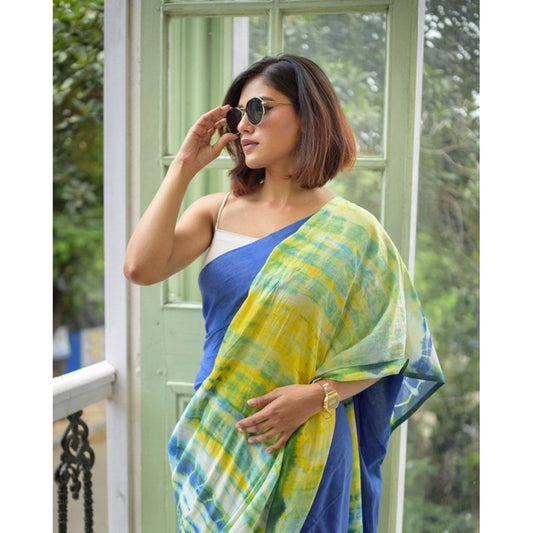 Generic Women's Linen Printed Saree With Unstitched Blouse 5.5Mtr (Blue)