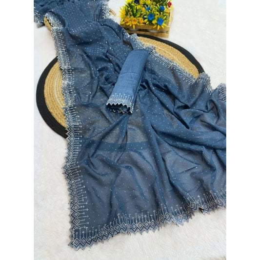 Generic Women's Georgette Stone Work Saree With Unstitched Blouse 5.5Mtr (Grey)