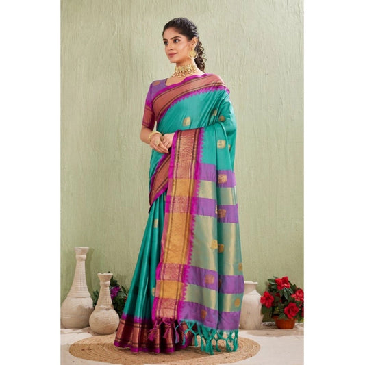 Generic Women's Silk Blended Jaquard Woven Saree With Unstitched Blouse 5.5Mtr (Light Blue)