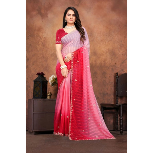 Generic Women's Chiffon Embroidred Saree With Unstitched Blouse 5.5Mtr (Pink)
