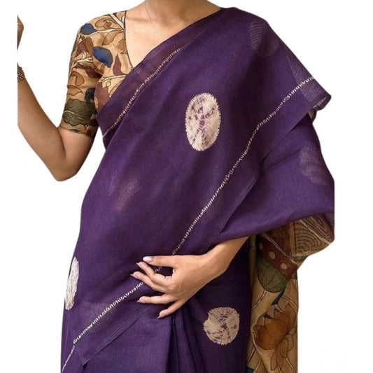 Generic Women's Linen Printed Saree With Unstitched Blouse 5.5Mtr (Purple)