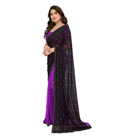 Generic Women's Georgette Printed Saree With Unstitched Blouse 5.5Mtr (Black-Purple)