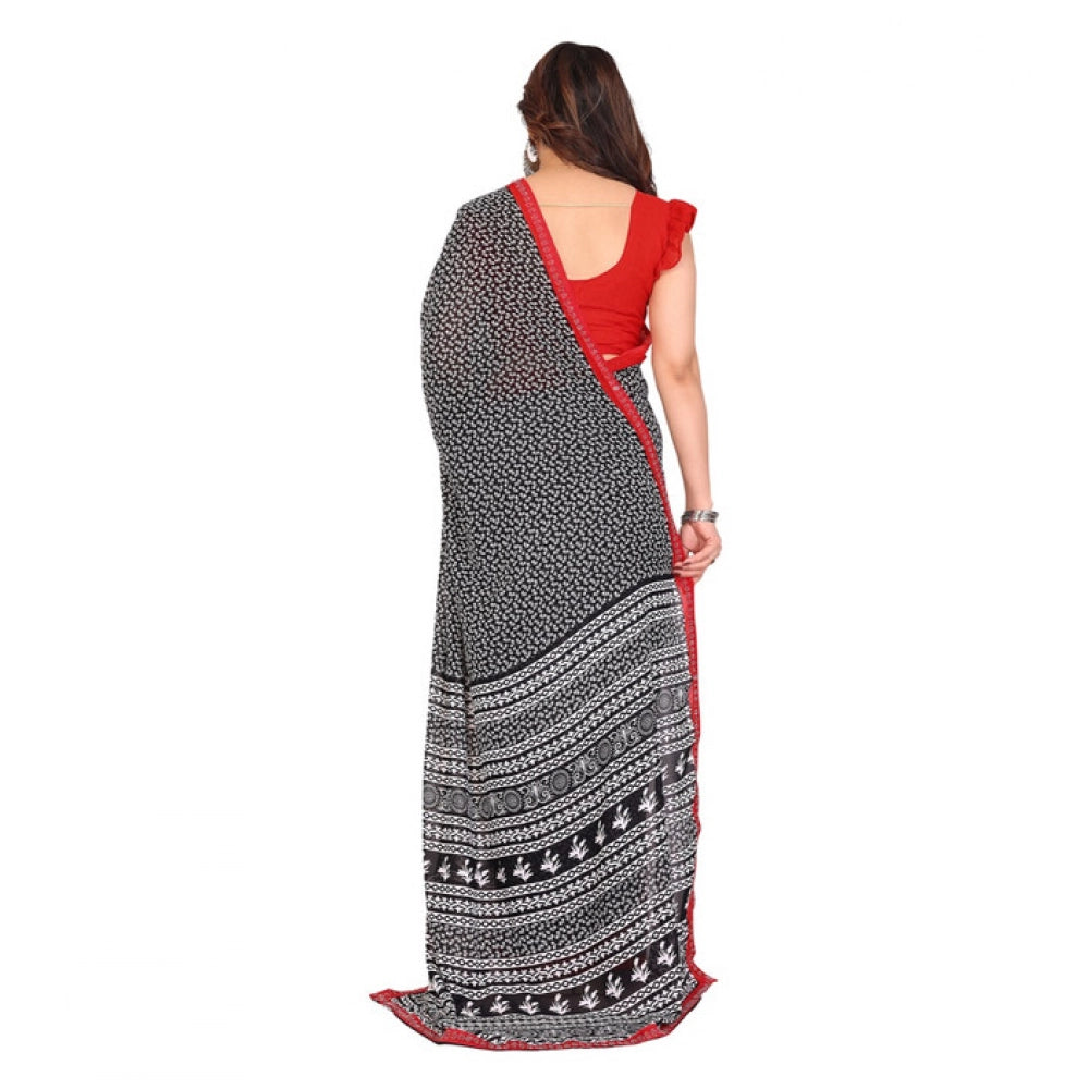 Generic Women's Georgette Printed Saree With Unstitched Blouse 5.5Mtr (Black)