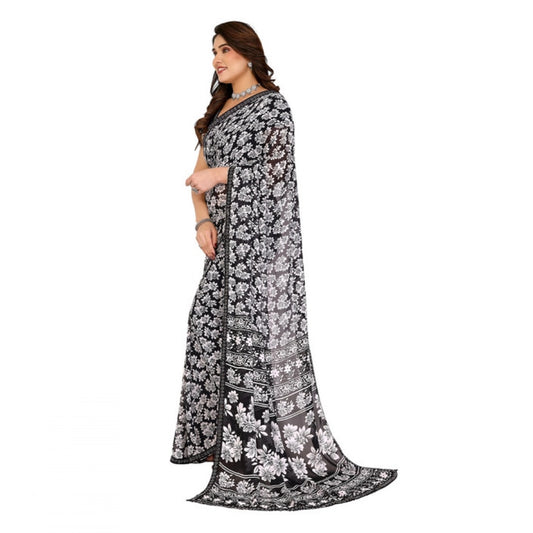 Generic Women's Georgette Printed Saree With Unstitched Blouse 5.5Mtr (Black)