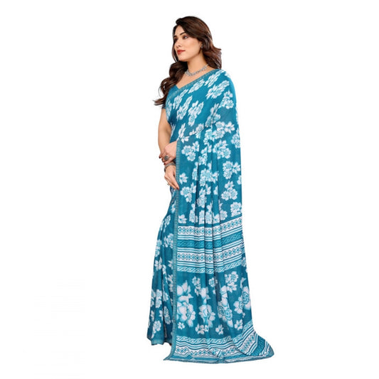 Generic Women's Georgette Printed Saree With Unstitched Blouse 5.5Mtr (Sky Blue)