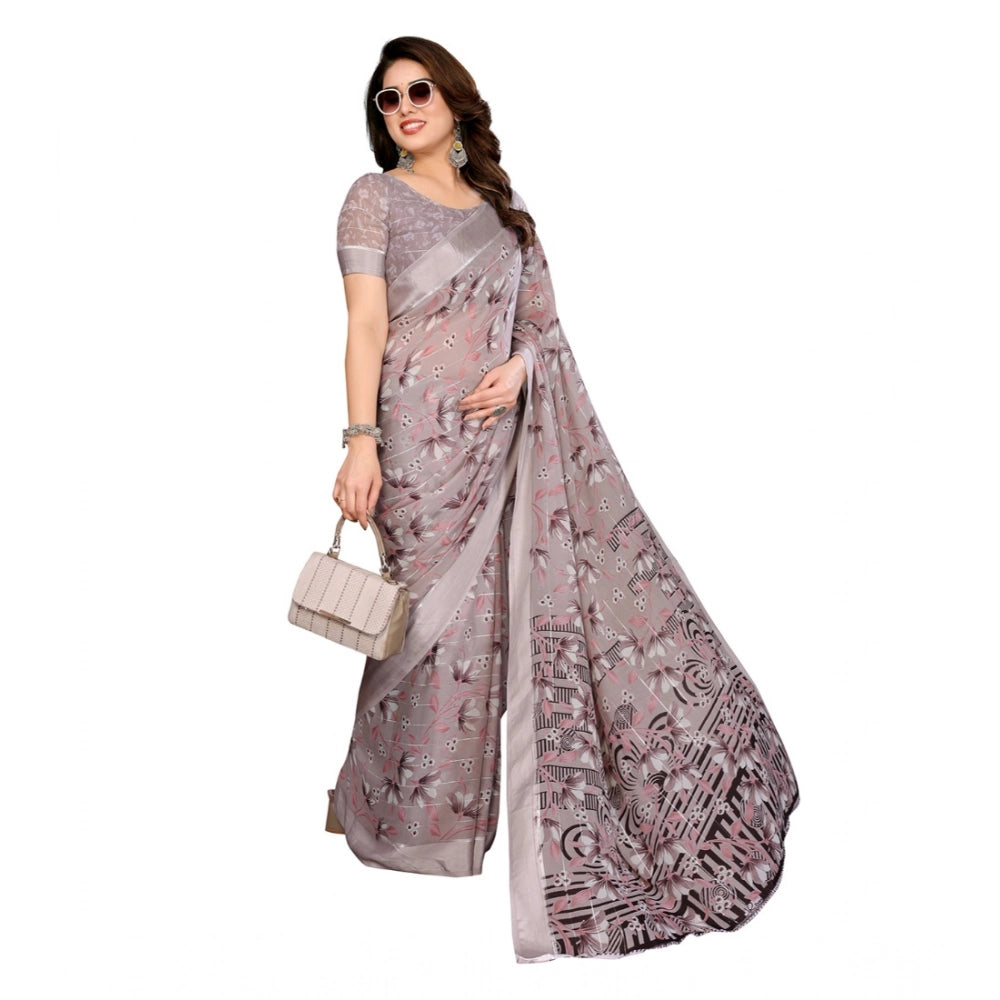 Generic Women's Georgette Printed Saree With Unstitched Blouse 5.5Mtr (Grey)