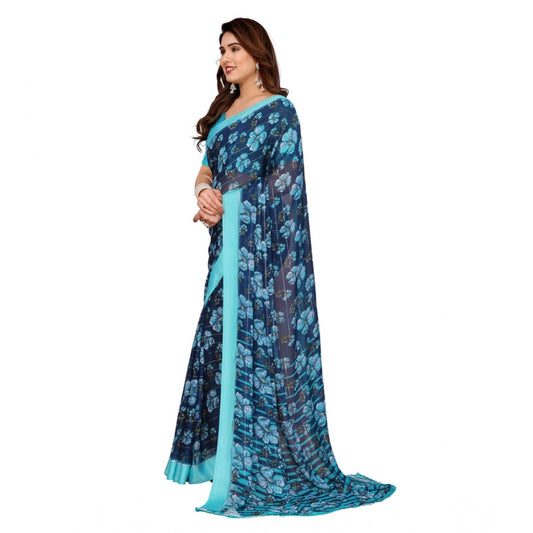 Generic Women's Georgette Printed Saree With Unstitched Blouse 5.5Mtr (Sky Blue)