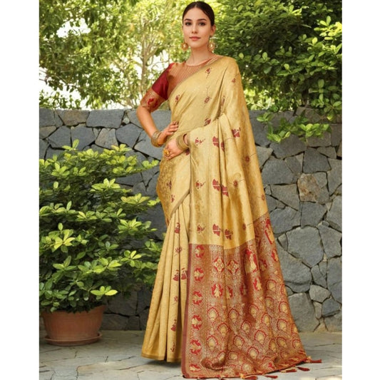 Generic Women's Silk Blend Woven Paithani Saree With Unstitched Blouse 5.5Mtr (Beige)