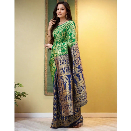 Generic Women's Silk Blend Zari Weaving Saree With Unstitched Blouse 5.5Mtr (Green)