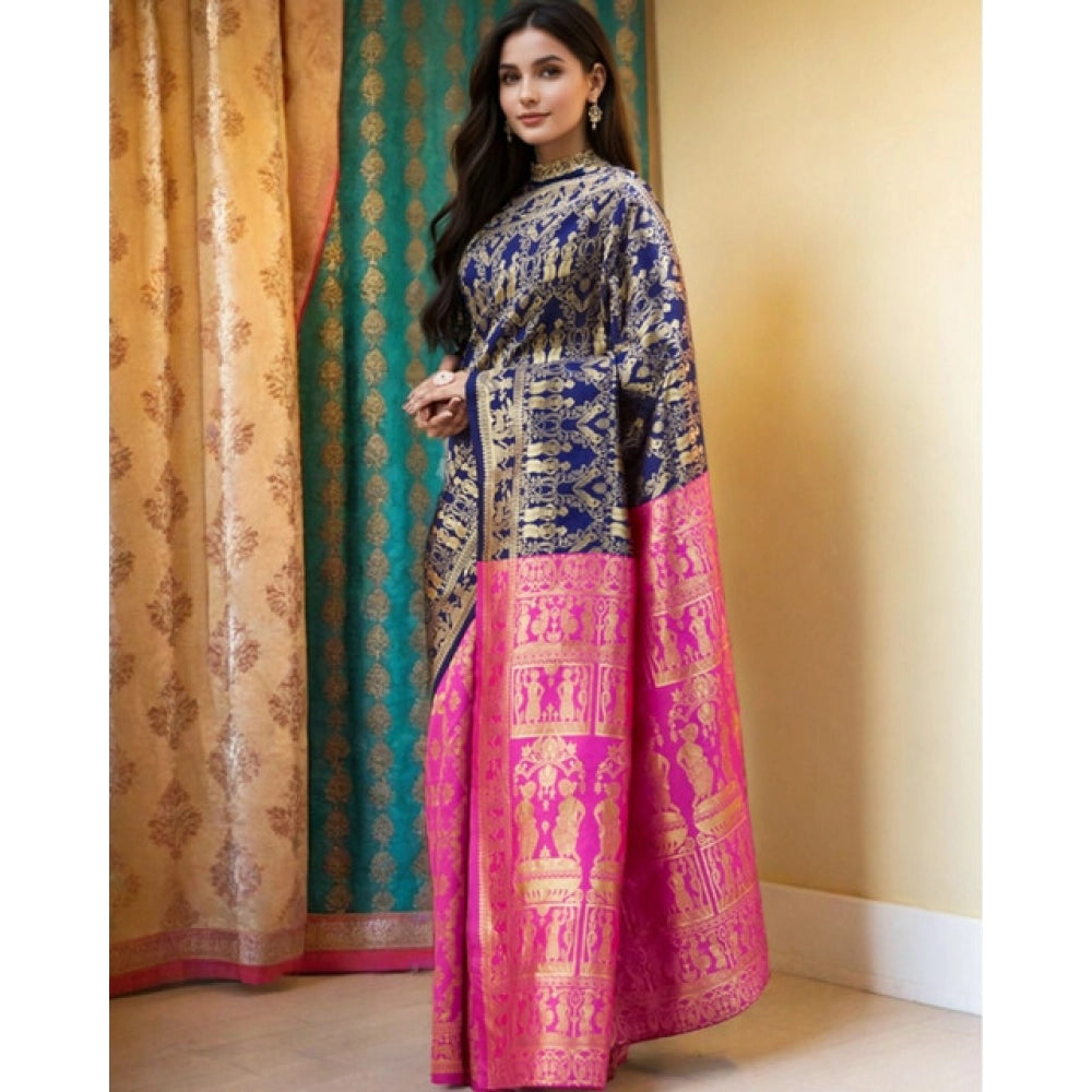 Generic Women's Silk Blend Zari Weaving Saree With Unstitched Blouse 5.5Mtr (Navy)
