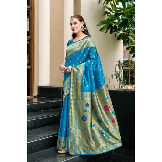 Generic Women's Silk Blend Paithani Weaving Saree With Unstitched Blouse 5.5Mtr (Turquoise)