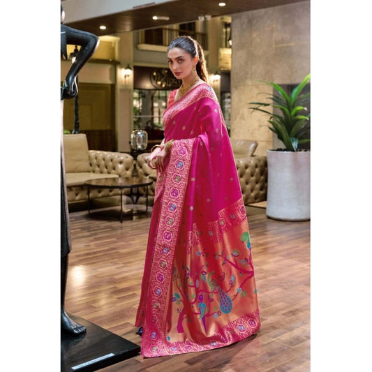 Generic Women's Silk Blend Paithani Weaving Saree With Unstitched Blouse 5.5Mtr (Pink)