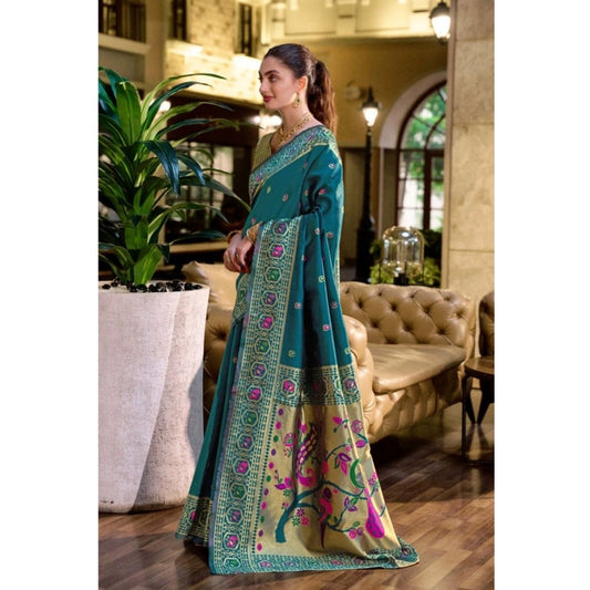 Generic Women's Silk Blend Paithani Weaving Saree With Unstitched Blouse 5.5Mtr (Teal)
