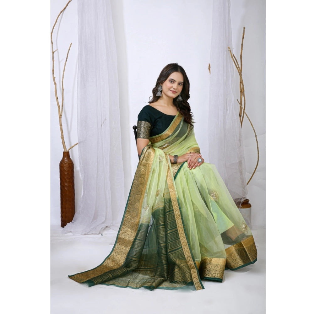 Generic Women's Organza jacquard Embellished Saree With Unstitched Blouse 5.5Mtr (Light Green)