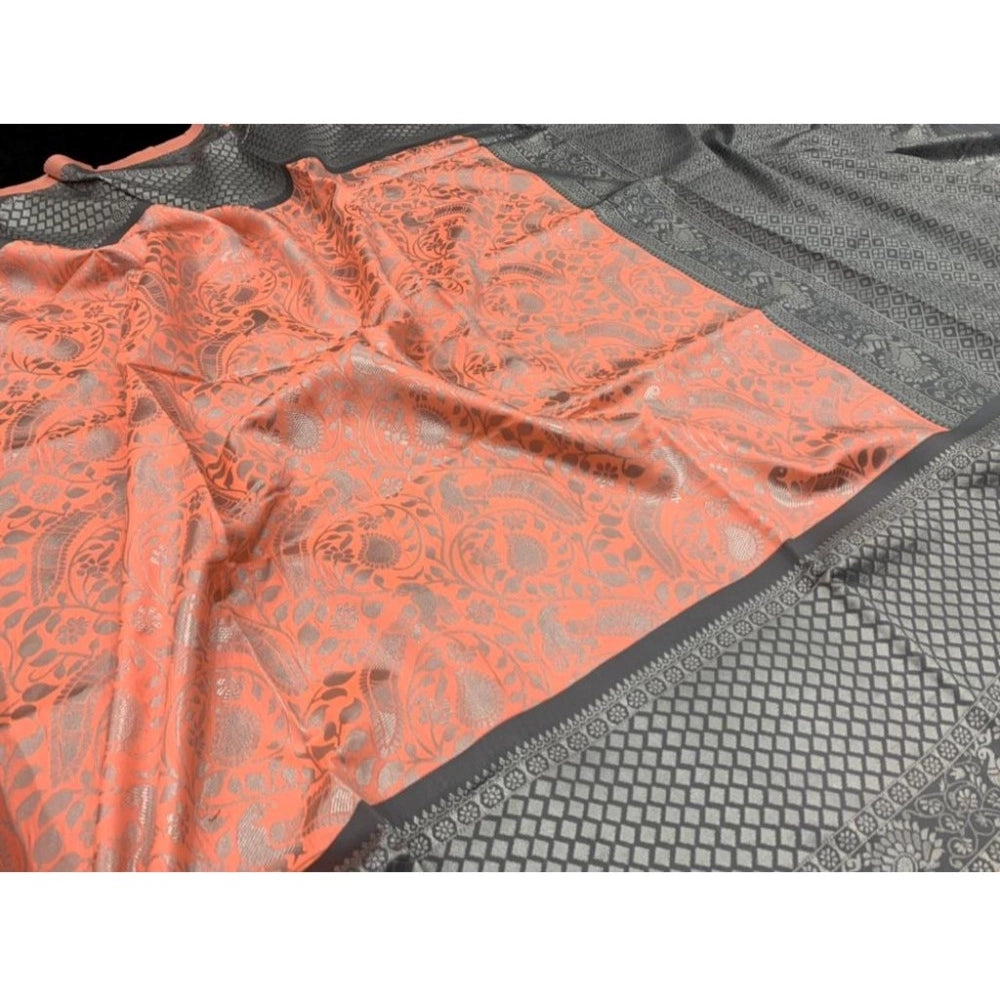 Generic Women's Soft Litchi Silk Jacquard Work Saree With Unstitched Blouse 5.5Mtr (Orange)