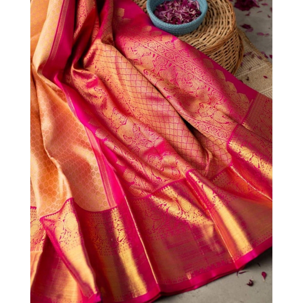 Generic Women's Soft Litchi Silk Jacquard Work Saree With Unstitched Blouse 5.5Mtr (Pink)