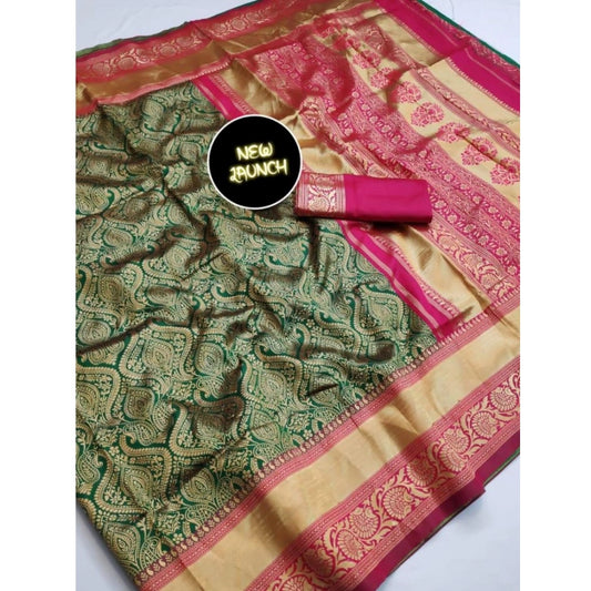 Generic Women's Soft Litchi Silk Jacquard Work Saree With Unstitched Blouse 5.5Mtr (Green)