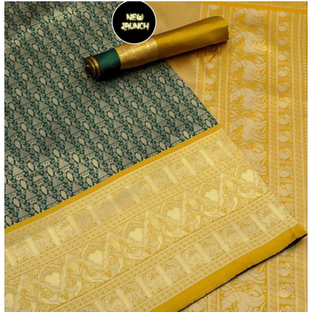 Generic Women's Soft Litchi Silk Jacquard Work Saree With Unstitched Blouse 5.5Mtr ( Mustard Yellow)