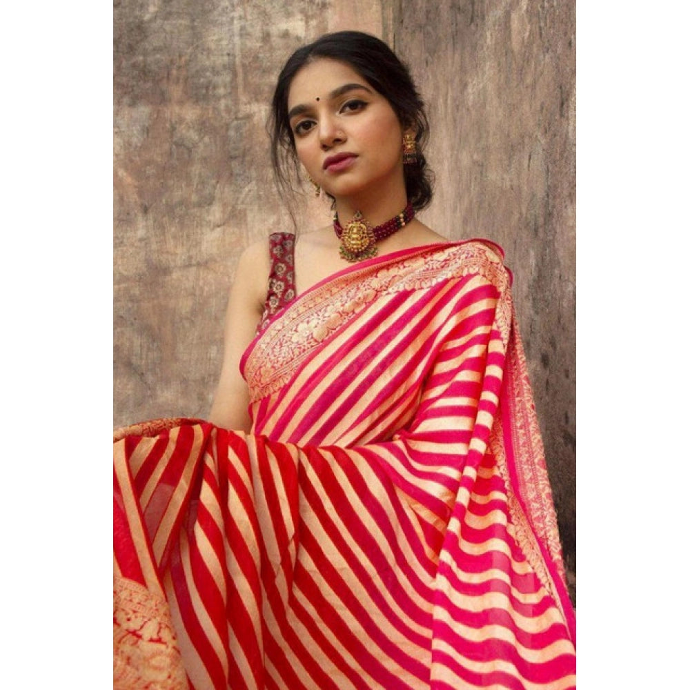 Generic Women's Soft Litchi Silk Jacquard Work Saree With Unstitched Blouse 5.5Mtr (Red)