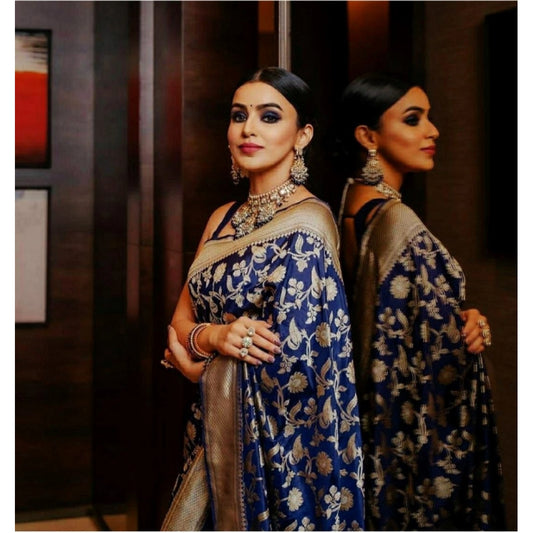 Generic Women's Soft Litchi Silk Jacquard Work Saree With Unstitched Blouse 5.5Mtr (Blue)